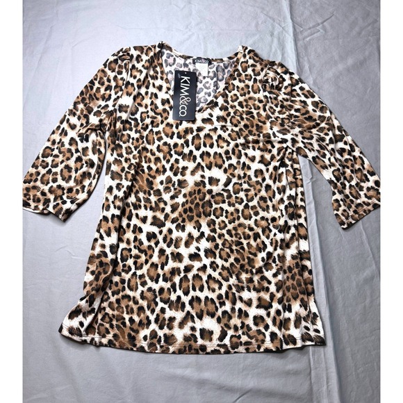 Kim & Co. Tops - Kim & Co Leopard Print V-Neck Tunic Top Brown 3/4 Sleeve Stretch Jersey NWT M